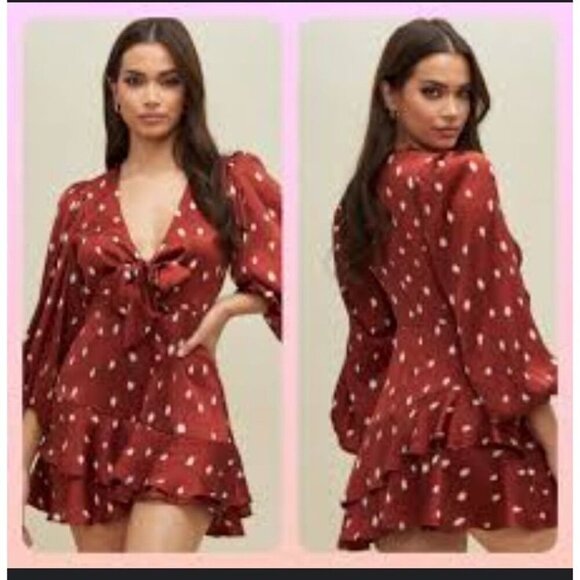 Luxxel Pants - Luxxel Womens Romper Mini Dress Large Red White Deep V Tie Neck Ruffle